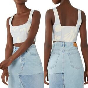 Frame Denim Seamed Abstract Tropical Chambray Denim Bustier Top